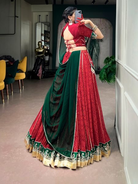 Bohemian Red Designer Georgette Bandhej Foil Print Lehenga Choli with Gota Patti Lace Work Navratri Lehnega Choli