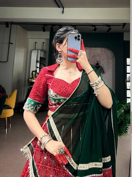 Bohemian Red Designer Georgette Bandhej Foil Print Lehenga Choli with Gota Patti Lace Work Navratri Lehnega Choli