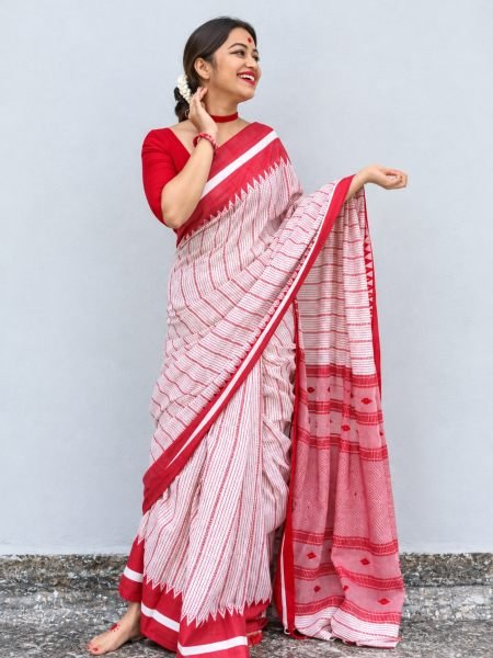 Bohemian Red Designer Linen Cotton Digital Print Saree with Matching Blouse 