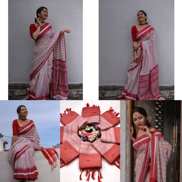 Bohemian Red Designer Linen Cotton Digital Print Saree with Matching Blouse Printed Cotton Sarees Wholesale