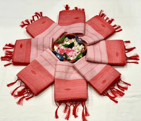 Bohemian Red Designer Linen Cotton Digital Print Saree with Matching Blouse Printed Cotton Sarees Wholesale