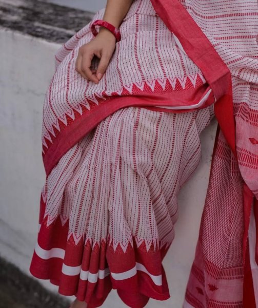 Bohemian Red Designer Linen Cotton Digital Print Saree with Matching Blouse Printed Cotton Sarees Wholesale