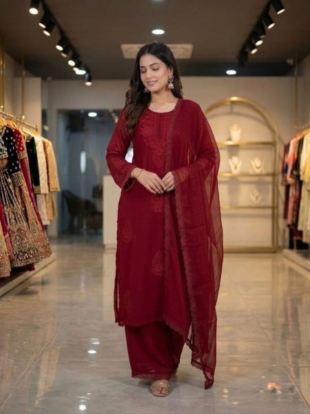 Bohemian Red Fox Blooming Georgette Party Wear Suit Set Ready To Wear Suit