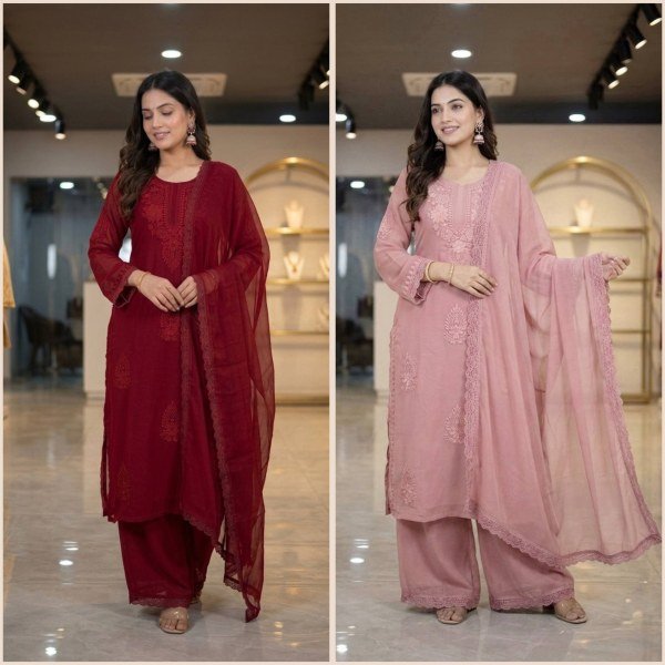 Bohemian Red Fox Blooming Georgette Party Wear Suit Set Ready To Wear Collection