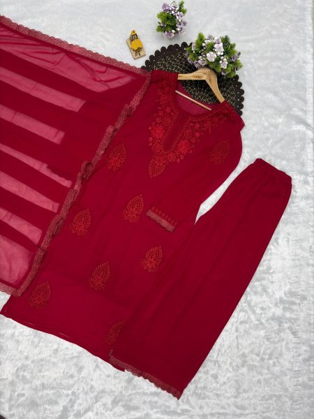 Bohemian Red Fox Blooming Georgette Party Wear Suit Set Ready To Wear Collection