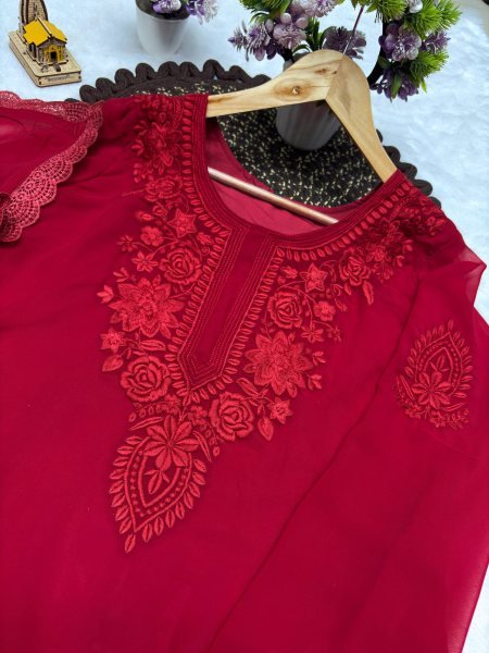 Bohemian Red Fox Blooming Georgette Party Wear Suit Set Ready To Wear Collection