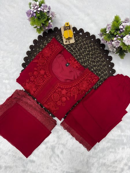 Bohemian Red Fox Blooming Georgette Party Wear Suit Set Ready To Wear Collection
