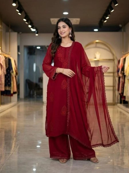 Bohemian Red Fox Blooming Georgette Party Wear Suit Set Ready To Wear Collection