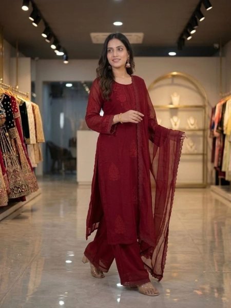 Bohemian Red Fox Blooming Georgette Party Wear Suit Set Ready To Wear Collection