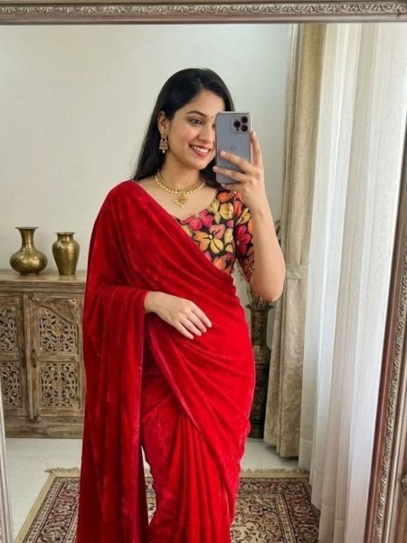 Bohemian Red Latest Fendy Satin Saree with Modern Look for Party Wear Sarees 