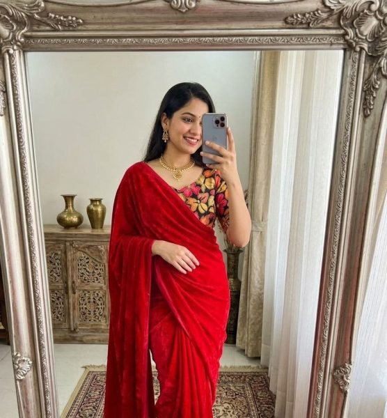 Bohemian Red Latest Fendy Satin Saree with Modern Look for Party Wear Silk Sarees Wholesale