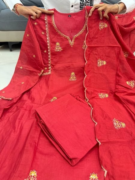 Bohemian Red Mul Chanderi Kurta Pant Dupatta Set with Bracelet Combo Anarkali Kurtis 