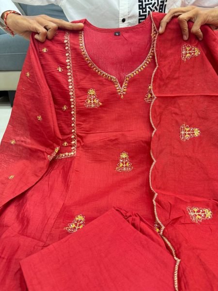 Bohemian Red Mul Chanderi Kurta Pant Dupatta Set with Bracelet Combo Anarkali Kurtis 