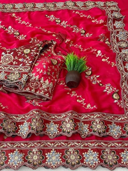 Bohemian Red Pure Soft Rangoli Silk Saree with Multi Embroidery and Cutwork Lace Border 