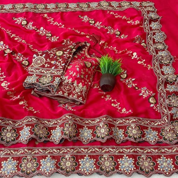 Bohemian Red Pure Soft Rangoli Silk Saree with Multi Embroidery and Cutwork Lace Border Silk Sarees Wholesale