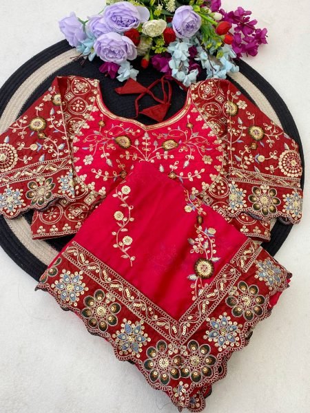 Bohemian Red Pure Soft Rangoli Silk Saree with Multi Embroidery and Cutwork Lace Border Silk Sarees Wholesale