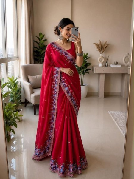 Bohemian Red Women's Soft Crush Silk Embroidered Saree with Running Blouse 