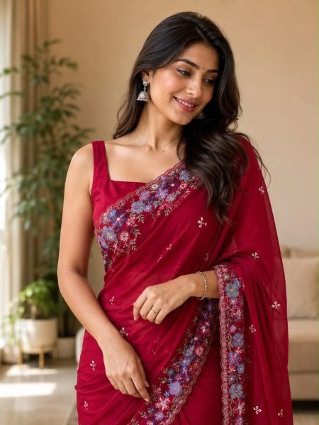 Bohemian Red Women's Soft Crush Silk Embroidered Saree with Running Blouse Silk Sarees Wholesale