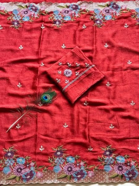 Bohemian Red Women's Soft Crush Silk Embroidered Saree with Running Blouse Silk Sarees Wholesale