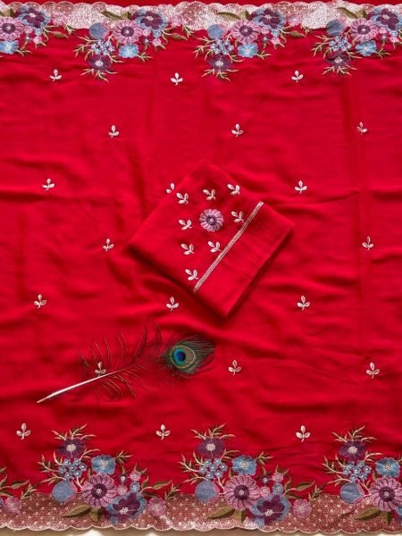 Bohemian Red Women's Soft Crush Silk Embroidered Saree with Running Blouse Silk Sarees Wholesale