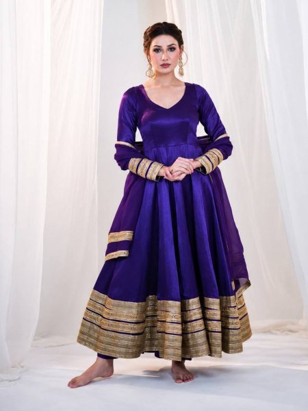 Bohemian Royal Purple Women s Heavy Silk Embroidered Anarkali Suit with Matching Pant Ready To Wear Suit