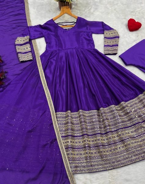 Bohemian Royal Purple Women s Heavy Silk Embroidered Anarkali Suit with Matching Pant Ready To Wear Collection