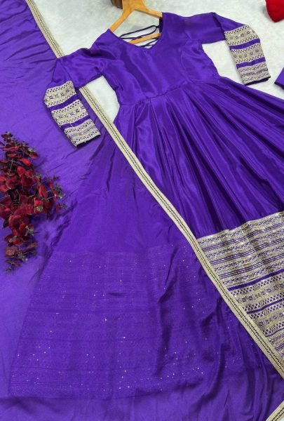 Bohemian Royal Purple Women s Heavy Silk Embroidered Anarkali Suit with Matching Pant Ready To Wear Collection