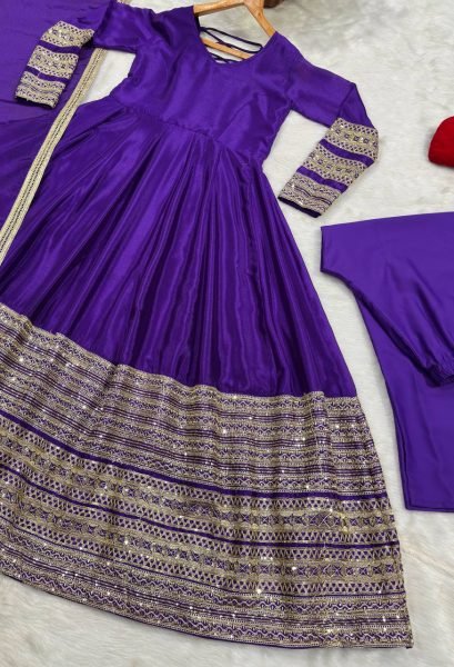 Bohemian Royal Purple Women s Heavy Silk Embroidered Anarkali Suit with Matching Pant Ready To Wear Collection