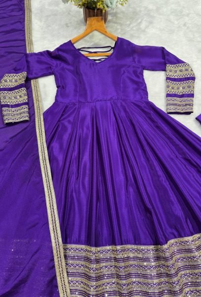 Bohemian Royal Purple Women s Heavy Silk Embroidered Anarkali Suit with Matching Pant Ready To Wear Collection