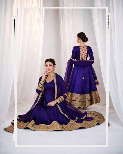 Bohemian Royal Purple Women s Heavy Silk Embroidered Anarkali Suit with Matching Pant Ready To Wear Collection