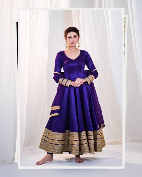 Bohemian Royal Purple Women s Heavy Silk Embroidered Anarkali Suit with Matching Pant Ready To Wear Collection