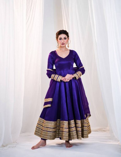Bohemian Royal Purple Women s Heavy Silk Embroidered Anarkali Suit with Matching Pant Ready To Wear Collection