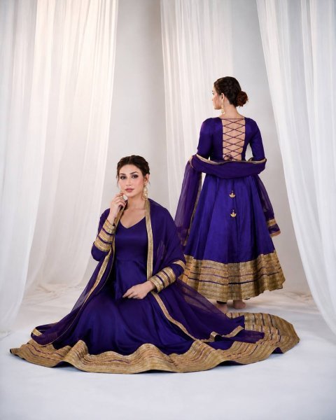 Bohemian Royal Purple Women s Heavy Silk Embroidered Anarkali Suit with Matching Pant Ready To Wear Collection