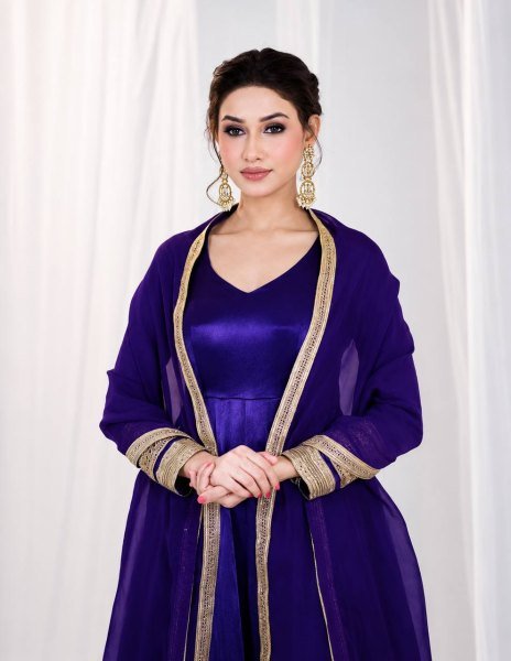 Bohemian Royal Purple Women s Heavy Silk Embroidered Anarkali Suit with Matching Pant Ready To Wear Collection