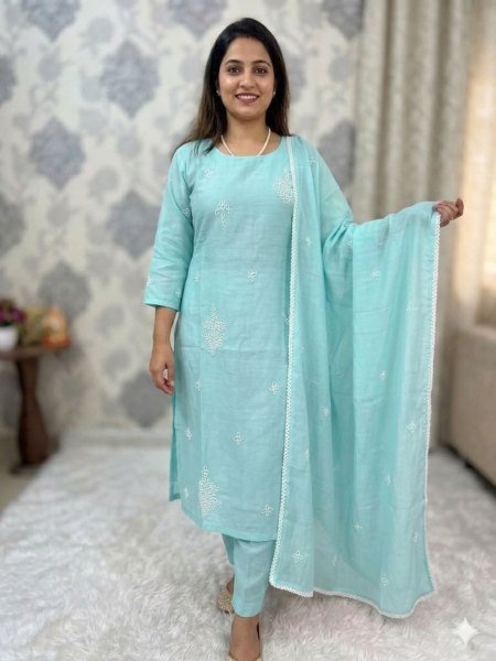 Bohemian Sky Blue Chanderi Suit Set with Lace Dupatta for Summer Wear Kurtis
