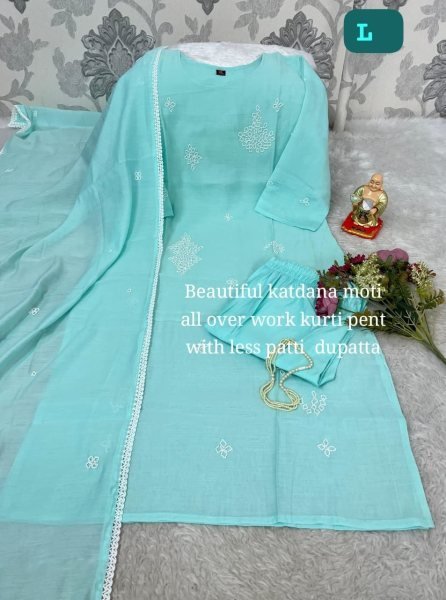 Bohemian Sky Blue Chanderi Suit Set with Lace Dupatta for Summer Wear  Straight Cut Long Kurtis