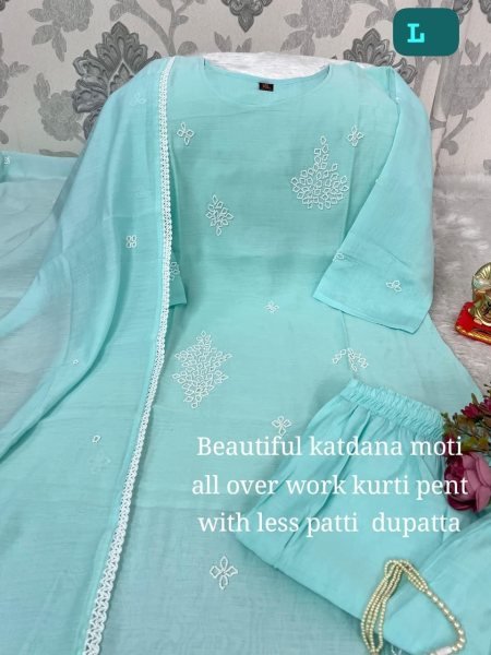 Bohemian Sky Blue Chanderi Suit Set with Lace Dupatta for Summer Wear  Straight Cut Long Kurtis