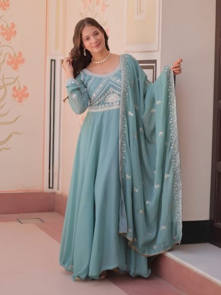 Bohemian Sky Blue Designer Star Georgette Long Gown with 8 Meter Umbrella Flare Ready To Wear Suit
