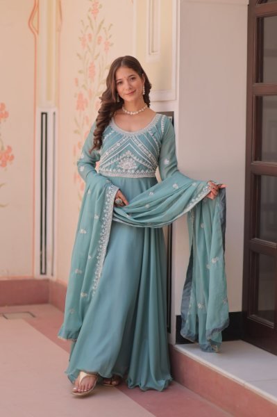 Bohemian Sky Blue Designer Star Georgette Long Gown with 8 Meter Umbrella Flare Ready To Wear Collection