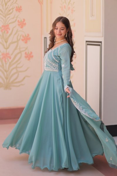 Bohemian Sky Blue Designer Star Georgette Long Gown with 8 Meter Umbrella Flare Ready To Wear Collection