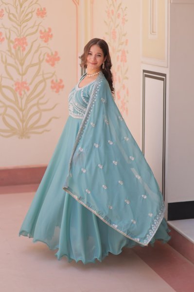 Bohemian Sky Blue Designer Star Georgette Long Gown with 8 Meter Umbrella Flare Ready To Wear Collection