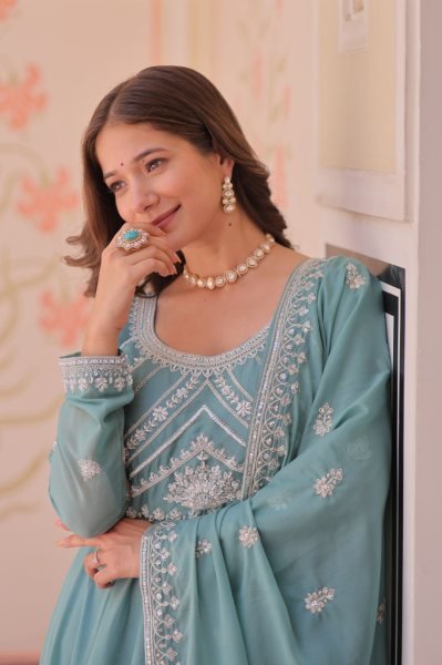 Bohemian Sky Blue Designer Star Georgette Long Gown with 8 Meter Umbrella Flare Ready To Wear Collection
