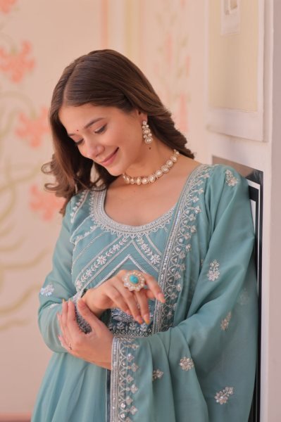Bohemian Sky Blue Designer Star Georgette Long Gown with 8 Meter Umbrella Flare Ready To Wear Collection