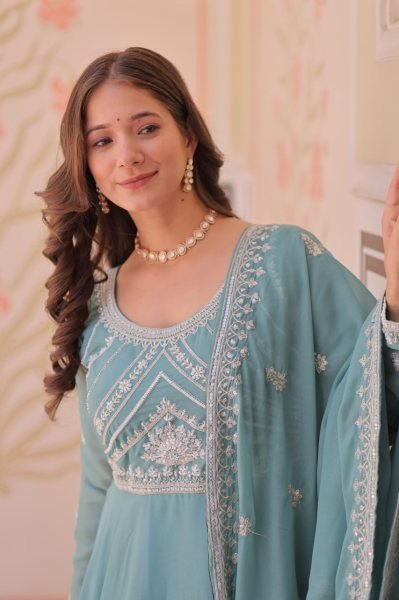 Bohemian Sky Blue Designer Star Georgette Long Gown with 8 Meter Umbrella Flare Ready To Wear Collection