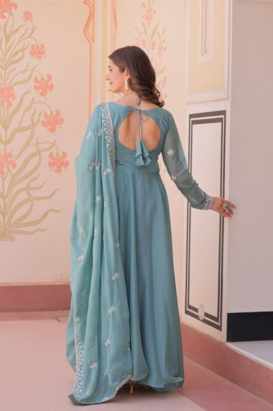 Bohemian Sky Blue Designer Star Georgette Long Gown with 8 Meter Umbrella Flare Ready To Wear Collection