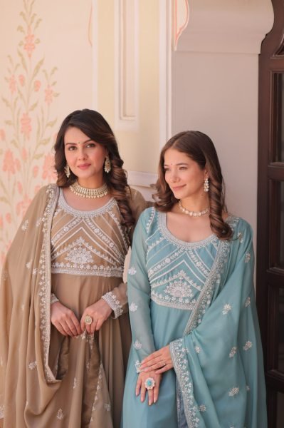 Bohemian Sky Blue Designer Star Georgette Long Gown with 8 Meter Umbrella Flare Ready To Wear Collection