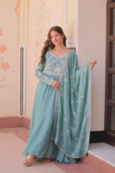Bohemian Sky Blue Designer Star Georgette Long Gown with 8 Meter Umbrella Flare Ready To Wear Collection