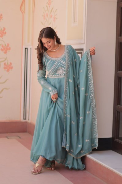 Bohemian Sky Blue Designer Star Georgette Long Gown with 8 Meter Umbrella Flare Ready To Wear Collection