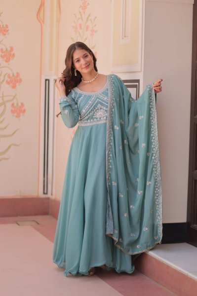 Bohemian Sky Blue Designer Star Georgette Long Gown with 8 Meter Umbrella Flare Ready To Wear Collection