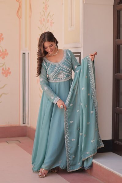 Bohemian Sky Blue Designer Star Georgette Long Gown with 8 Meter Umbrella Flare Ready To Wear Collection